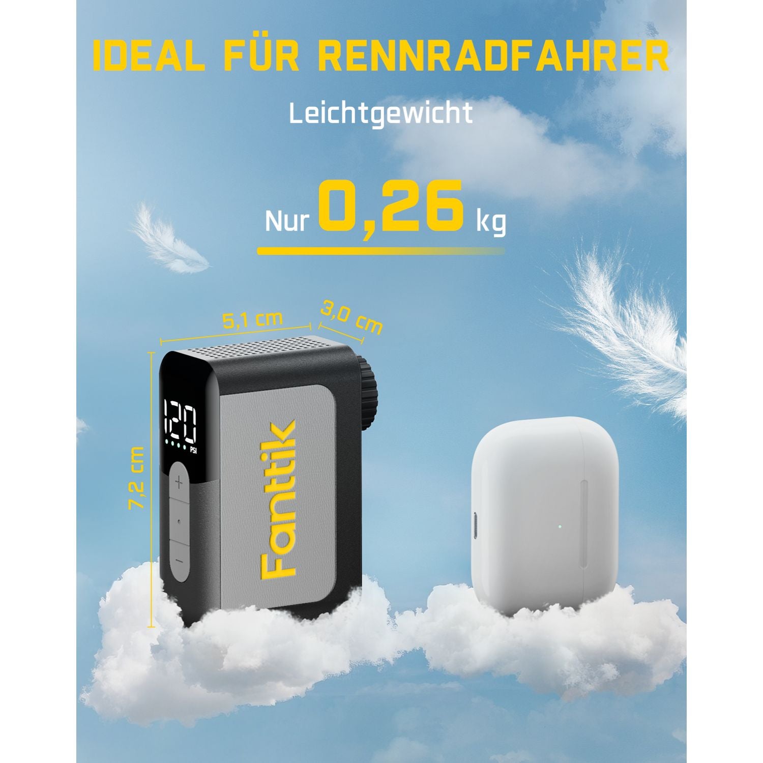 Fanttik X10 Ace Mini akku Fahrradpumpe mit Manometer, 120 PSI elektrische Fahrradpumpe mit Presta- und Schrader-Ventil, Auto-Stopp, schnelles Aufpumpen für Rennrad, Mountainbike, Motocross und E-Bike