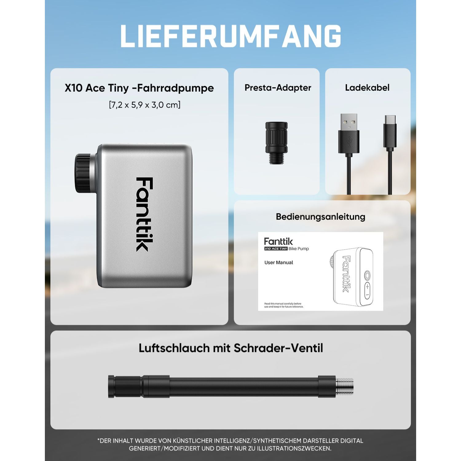 Fanttik X10 Ace Tiny Mini-Elektrofahrradpumpe, 120 PSI Kompaktluftpumpe mit Presta- und Schrader-Ventil, Schnellaufblasbare Elektrofahrradpumpe Tragbar für Rennräder