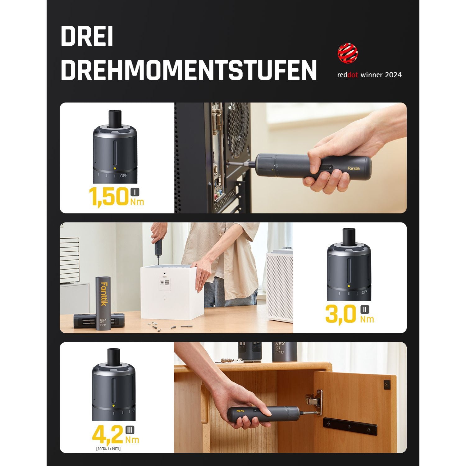 Fanttik S1 Pro 3.7V Magnetische Electric Screwdriver, Leistungsstarkes-Schraubendreher-Set mit 16 Bits, Einstellbare 3 Drehmomente bis zu 6 Nm, 2000-mAh-Akku, Geeignet für die Möbel/Computerreparatur