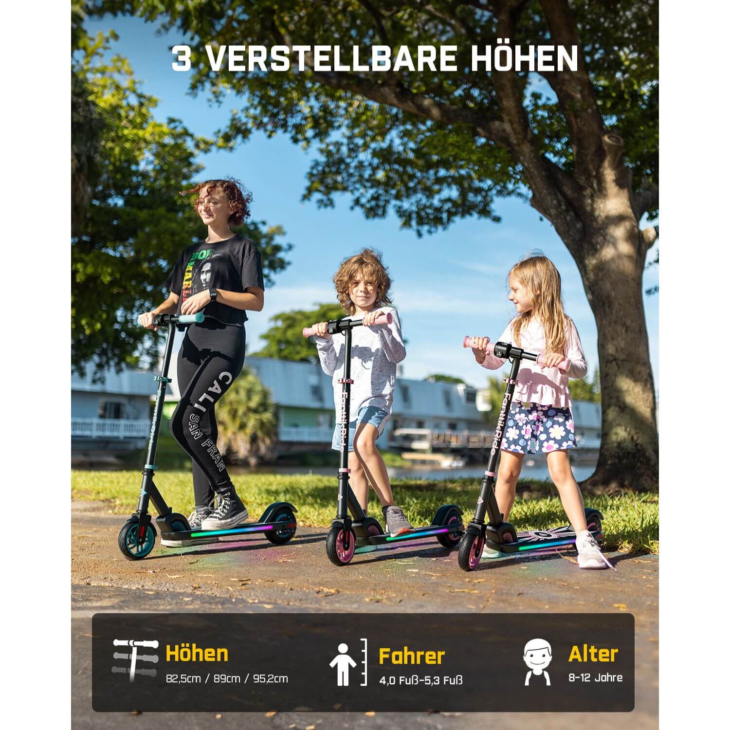 FanttikRide C9 Apex Elektroroller für Kinder im Alter von 8–12 Jahren, Bluetooth-Musiklautsprecher, Bunte Regenbogenlichter, 8/12,8/16 km/h, Faltbarer Elektroroller, Geschenk für Teenager