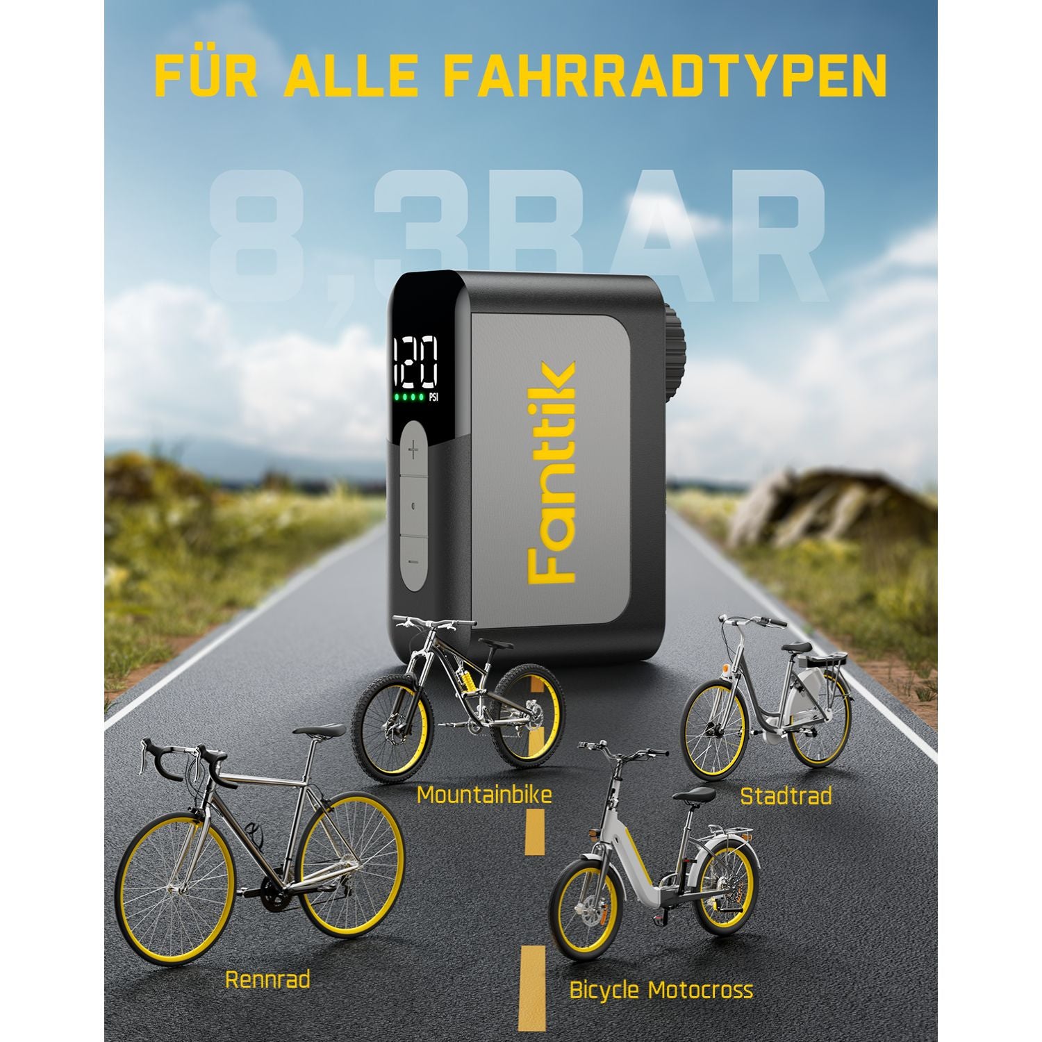 Fanttik X10 Ace Mini akku Fahrradpumpe mit Manometer, 120 PSI elektrische Fahrradpumpe mit Presta- und Schrader-Ventil, Auto-Stopp, schnelles Aufpumpen für Rennrad, Mountainbike, Motocross und E-Bike