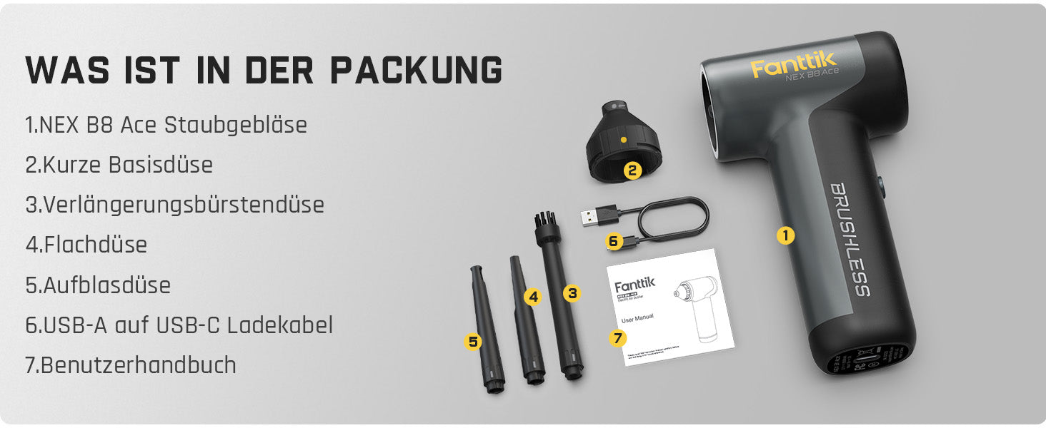 Fanttik B8 Ace Elektrische Staubgebläse Druckluftspray, 110000 U/min, Druckluft Compressed Air Duster mit 2600mAh Akku, Reinigungsbürste, LED-Licht, Staubgebläse für Tastatur, PC-Gehäuse, Schrank