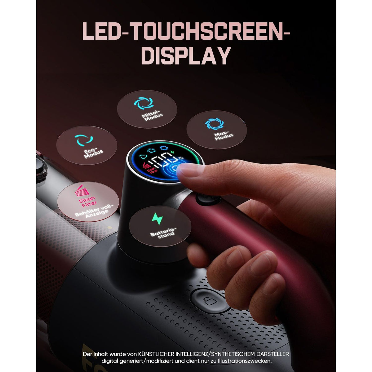 Der Fanttik Cruise V11 APEX ist mit einem LED-Touch-Display am Griff ausgestattet. Auf dem Touchscreen lassen sich Eco-, Mittel- und Max-Modus auswählen. Es zeigt zudem den Akkustand, eine Filterreinigungs-Erinnerung und eine Füllanzeige für den Staubbehälter an. So behalten Sie alle Geräteinformationen immer im Blick.