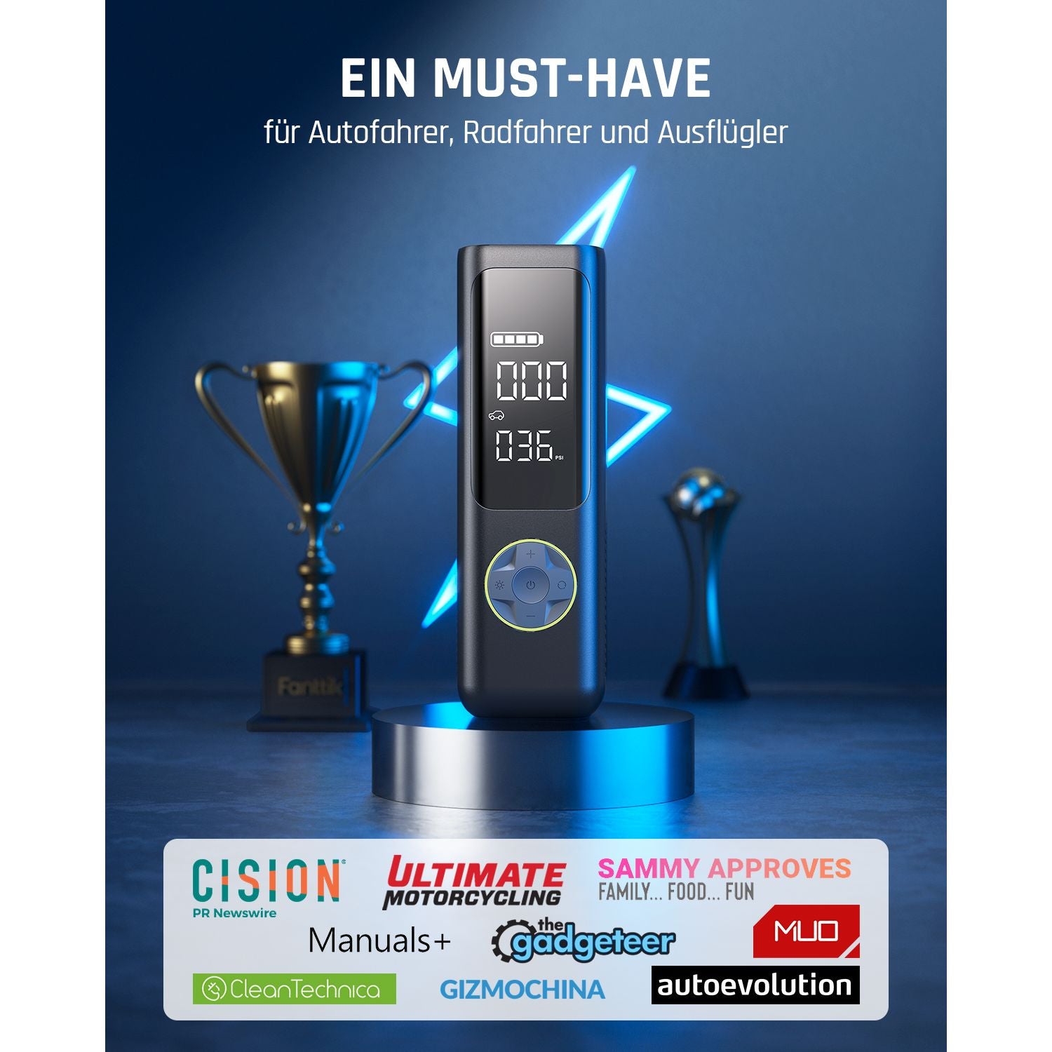Fanttik X8 APEX™ 7800mAh Tragbare Elektronische Luftpumpe 12V, 10,3BAR / 150PSI Elektrischer Kompressor 2X Schneller, Dualer Bildschirm mit LCD, 5 Modi für Autos, E-Bikes, Motorräder, Bälle