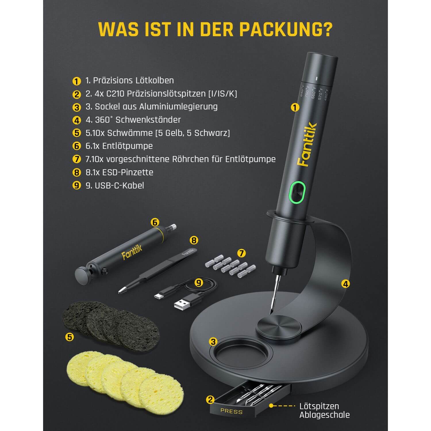 Fanttik T1 Max Präzisions Lötkolben Set, kabelloser Lötkolben, 7 Sek. schnelles Aufheizen,6 Temperatur Einstellbar 200~450 ℃, 4 Lötspitzen (C210), 360° drehbarer Ständer, Lötkolben für Reparaturen