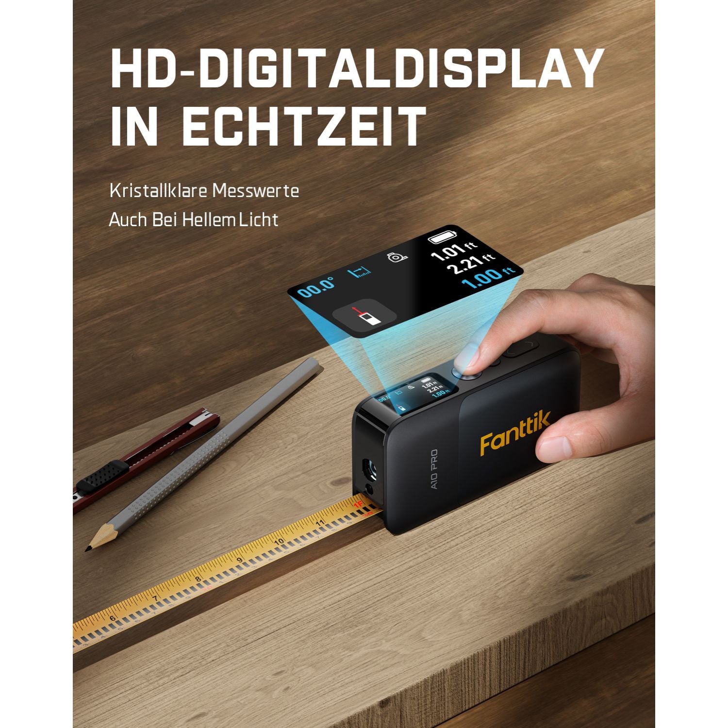 Fanttik A10 Pro 2-in-1 Digitales Laser Entfernungsmesser mit HD IPS-Farbdisplay, Wiederaufladbar 50m Laserentfernungsmesser & 3m Maßband, 6 Einheiten wählbar, Für Entfernung/Fläche/Volumen