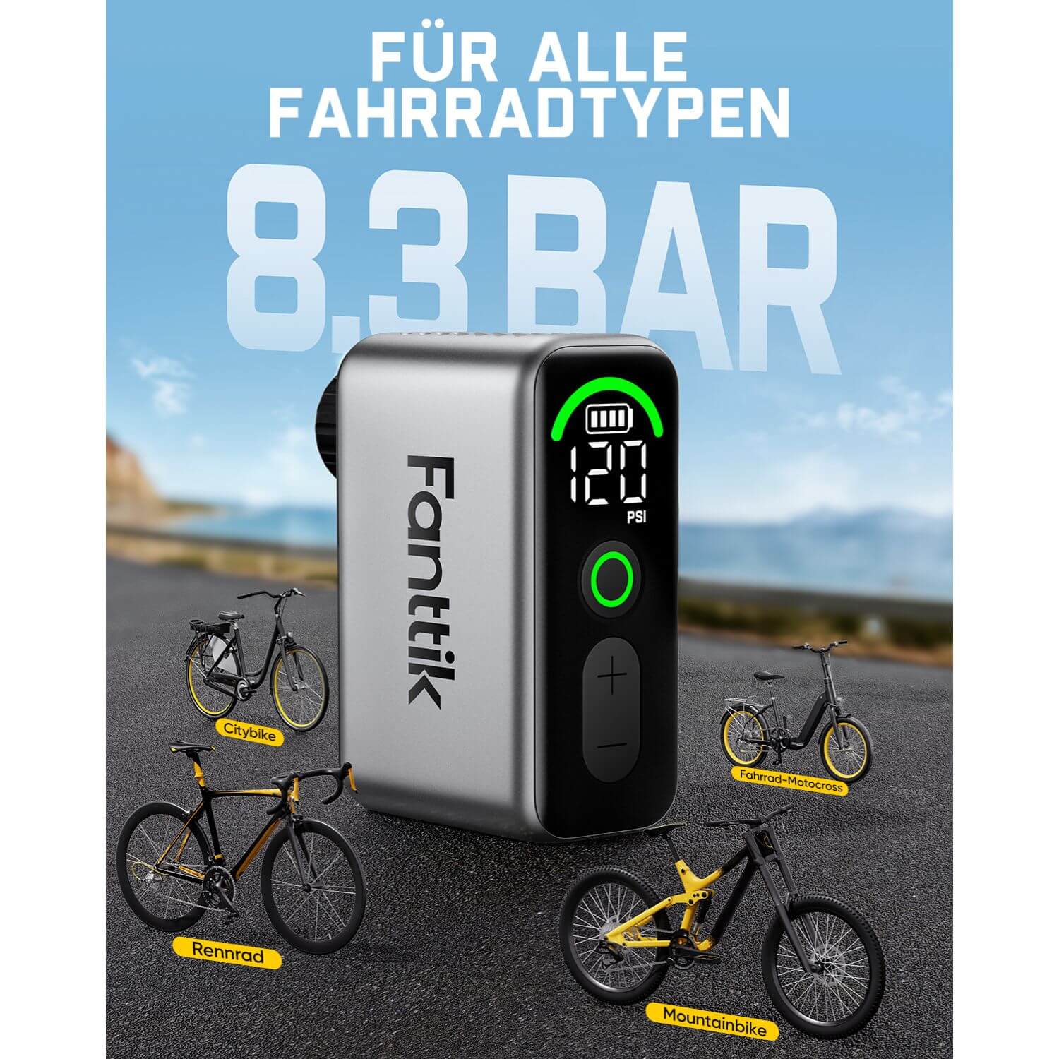 Fanttik X10 Ace Tiny Mini-Elektrofahrradpumpe, 120 PSI Kompaktluftpumpe mit Presta- und Schrader-Ventil, Schnellaufblasbare Elektrofahrradpumpe Tragbar für Rennräder