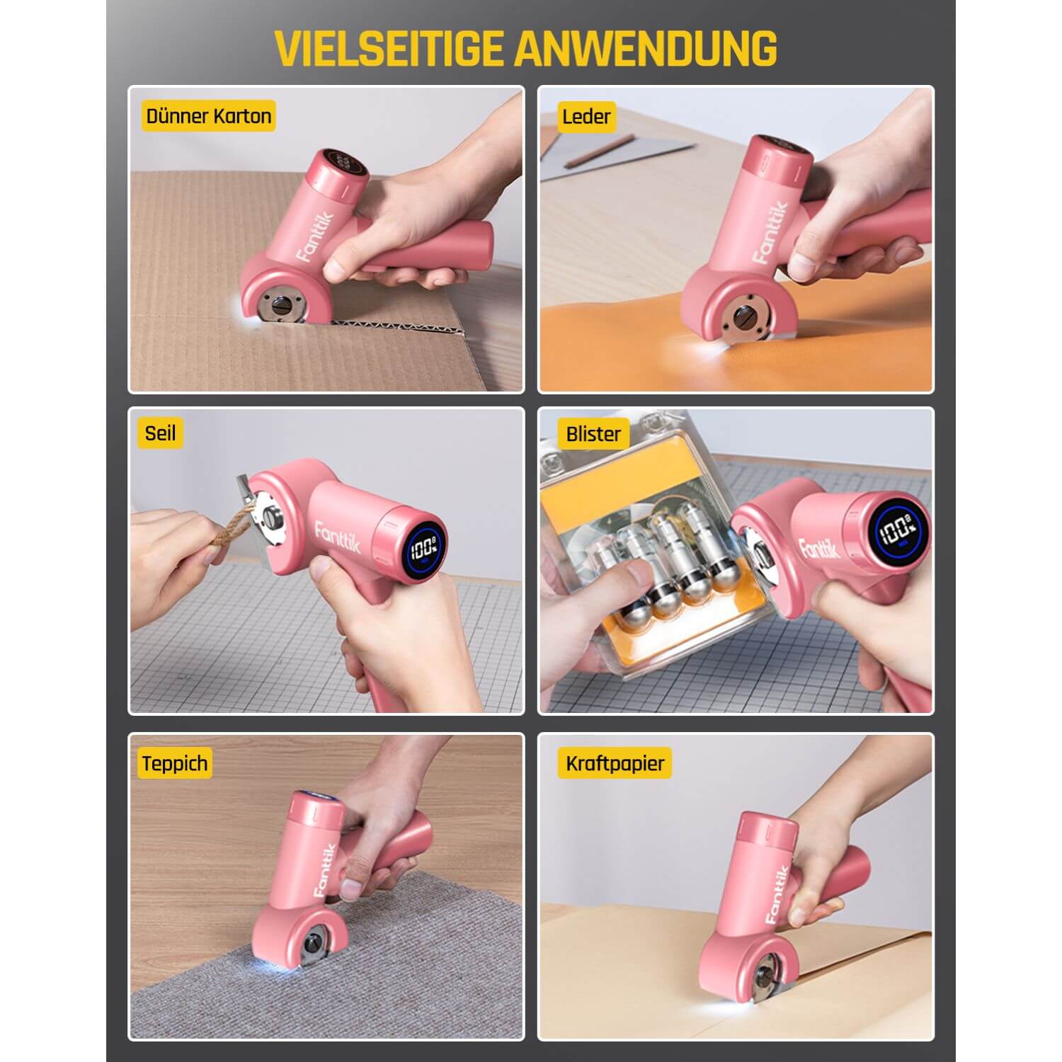 Fanttik C8 Nano Elektrische Schere, Kartonschneider Elektrisch mit Bildschirm, LED-Licht, 3 Geschwindigkeitsstufen, Wiederaufladbarer Akku, Geeignet für Stoffe, Teppiche, Leder, Kartons - Rosa