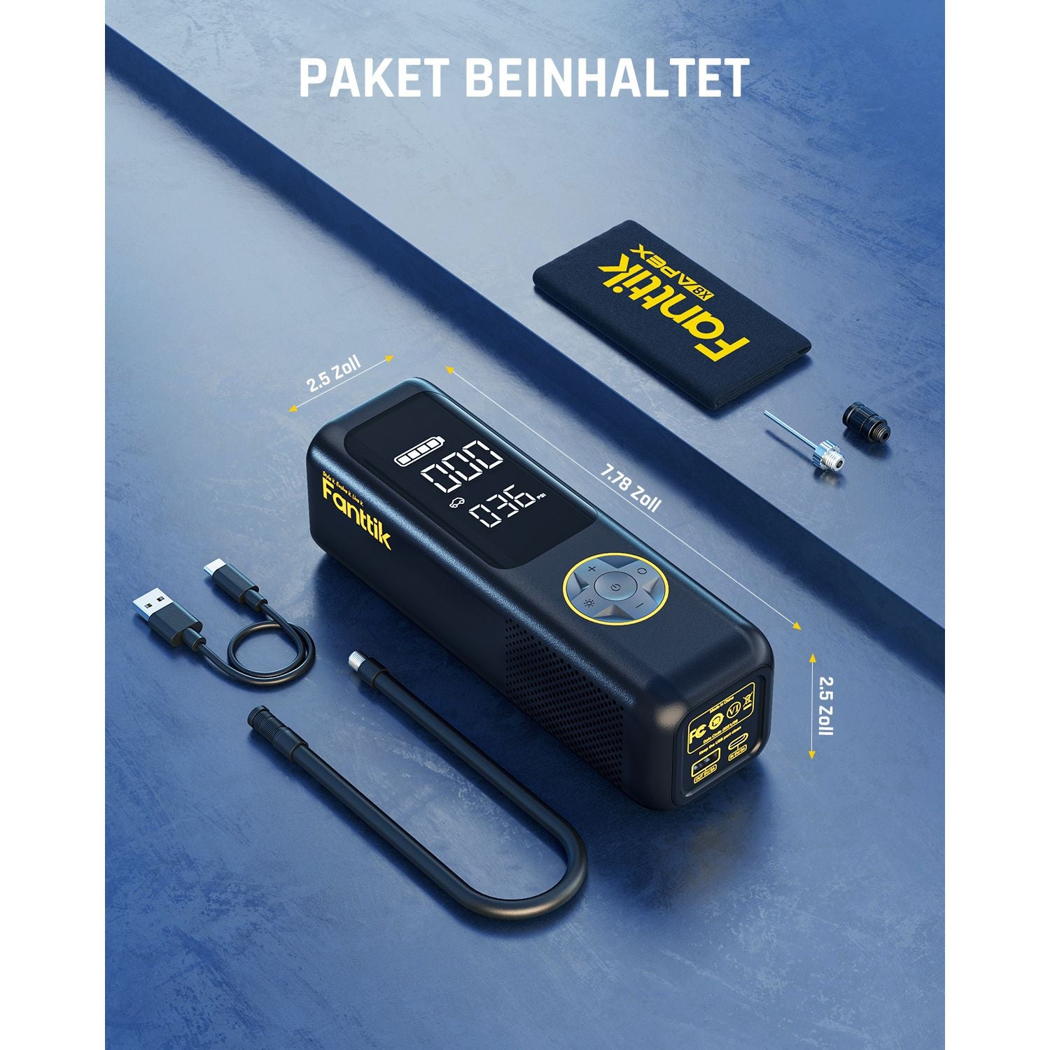 Fanttik X8 APEX™ 7800mAh Tragbare Elektronische Luftpumpe 12V, 10,3BAR / 150PSI Elektrischer Kompressor 2X Schneller, Dualer Bildschirm mit LCD, 5 Modi für Autos, E-Bikes, Motorräder, Bälle