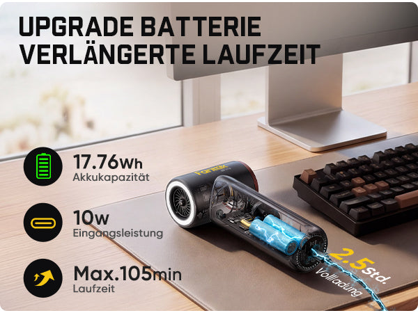 Der Fanttik B11 Pro ist mit einer verbesserten Batterie ausgestattet:
- Akkukapazität: **17,76 Wh**
- Eingangsleistung: **10 W**
- Maximale Laufzeit: **105 Minuten**
- Eine vollständige Aufladung dauert nur **2,5 Stunden**
Die Abbildung zeigt den internen Akkuaufbau und die Typ‑C‑Ladeverbindung.