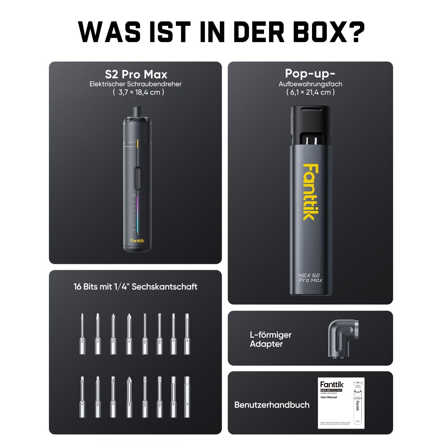 Fanttik S2 Pro Max Elektroschrauber Akkuschrauber Set, 7 Drehmomenteinstellungen, 0,5 bis 6 Nm, 16 magnetische Bits, 1/4 Zoll Sechskantschaft, mit 90°-Winkeladapter, für Möbel, Haushaltsreparaturen