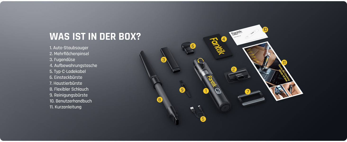 Fanttik Slim V8 Mate Akku-Autostaubsauger mit Hoher Leistung, 12000 Pa/30 AW, RobustClean™ Tragbarer Staubsauger mit flexiblem Schlauch und Haustierbürste für die Innenreinigung von Autos