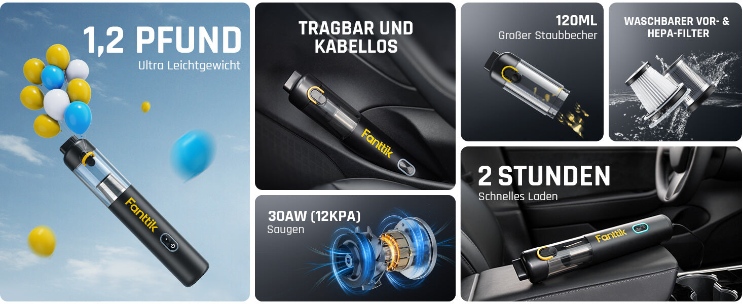 Fanttik Slim V8 Mate Akku-Autostaubsauger mit Hoher Leistung, 12000 Pa/30 AW, RobustClean™ Tragbarer Staubsauger mit flexiblem Schlauch und Haustierbürste für die Innenreinigung von Autos
