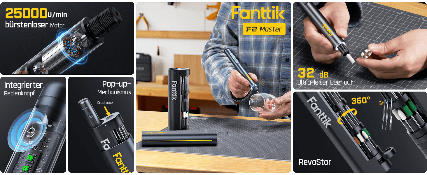 Fanttik F2 Master Mini Akku-Multifunktionswerkzeug Set 3,6V, NeoPulse Motor, 5 Geschwindigkeiten, 25000 U/min, Revostor-Hub, 35 Zubehörteile, Elektrowerkzeug zum Schleifen, Polieren, Bohren, Gravieren