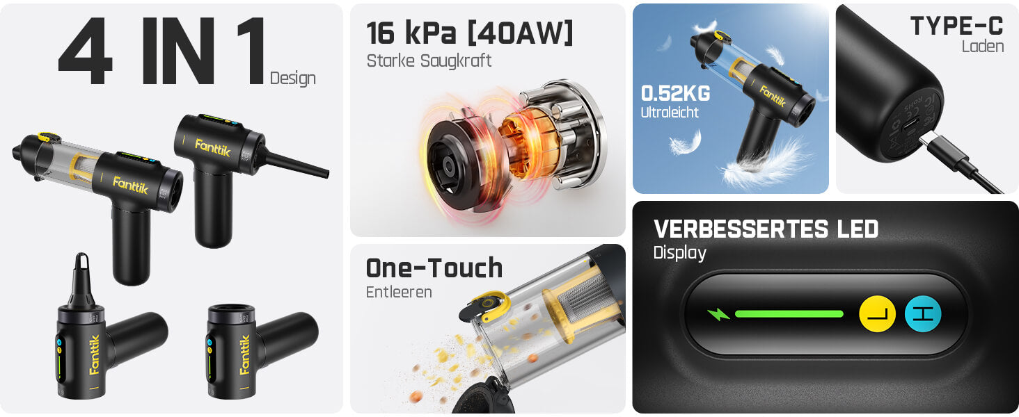 Fanttik Slim V10 Mix Kabelloser Auto-Staubsauger, 4-in-1 Handstaubgebläse, Smart-LED-Farbdisplay, 16 kPa Starke Saugleistung, tragbarer Mini-Staubsauger für Auto, Büro & Tastaturen