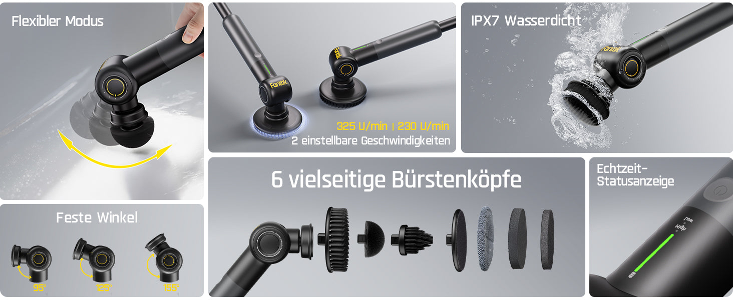 Fanttik Flip G9 Pro Elektrische Reinigungsbürste, VoltiPulse Motor, Dual-Speed, 6 Bürstenköpfe, Flexibler Winkel & Ausziehbarer Griff, IPX7 Wasserdicht, Typ-C Ladung für Boden, Fliesen, Fugen -Schwarz