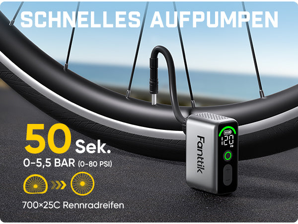 Fanttik X10 Ace Tiny Mini-Elektrofahrradpumpe, 120 PSI Kompaktluftpumpe mit Presta- und Schrader-Ventil, Schnellaufblasbare Elektrofahrradpumpe Tragbar für Rennräder