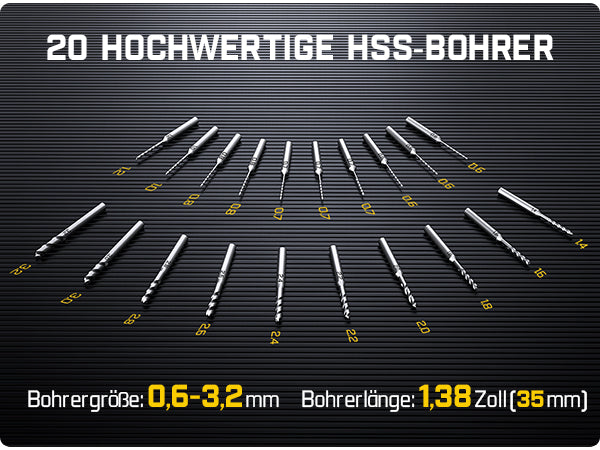 Es enthält 20 hochwertige HSS-Bohrer (von 0,6 mm bis 3,2 mm) und eine winklige Aufbewahrungsbox, die einen einfachen Zugriff und eine einfache Organisation ermöglicht. Die kleinen Fächer eignen sich zur Aufbewahrung von Zubehör und anderen kleinen Gegenständen und verbinden Funktionalität mit Ästhetik. Es ist ein unverzichtbares, hocheffizientes Werkzeug für DIY-Enthusiasten und kreative Köpfe.