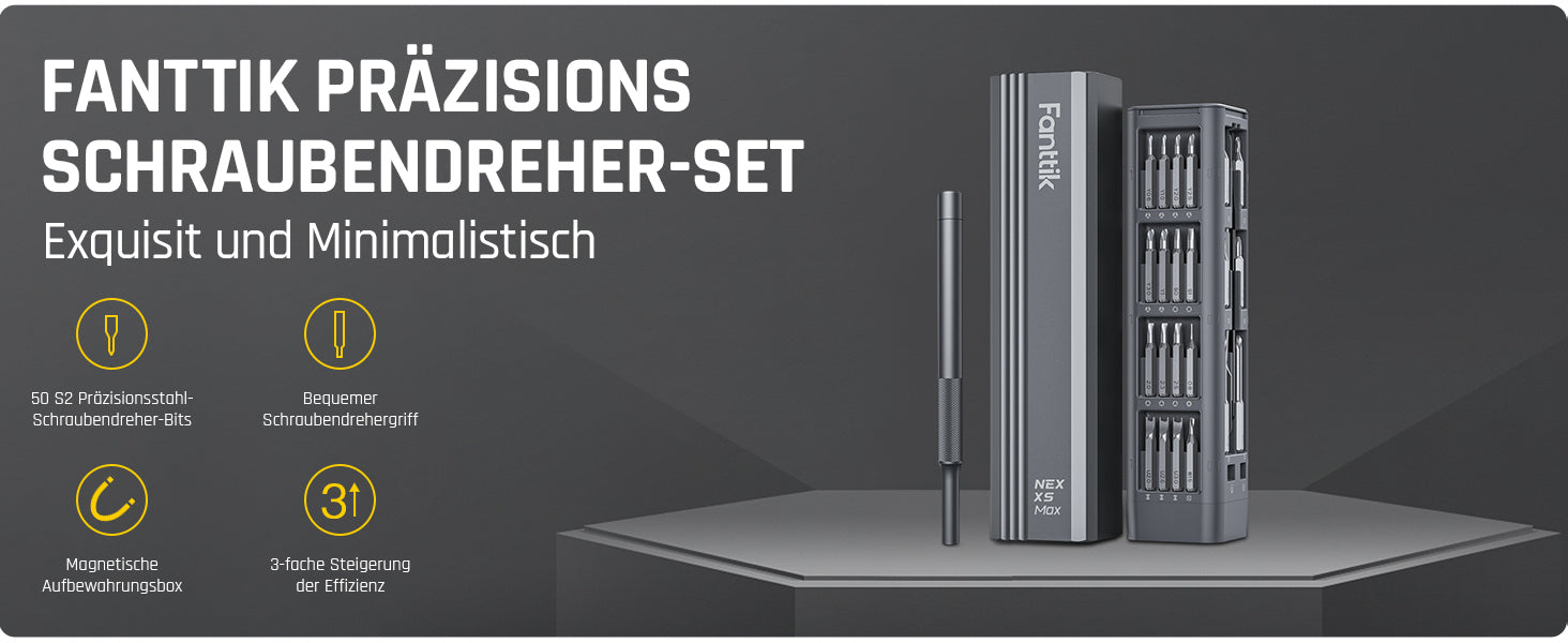 Der Fanttik X5 MAX Schraubendreher enthält 50 Bits, 1 Paar Pinzetten und 1 Brecheisen in 9 Typen. Mit diesem makellosen Produkt können Sie mühelos alle Arten von täglichen Wartungsarbeiten durchführen. Von Torx über Philips, Flachköpfe bis Sechskant, X5 MAX hat alles abgedeckt. Es erhöht Ihre DIY- und Wartungsvielseitigkeit, indem es Reparaturen von Schaltern, Laptops, Mobiltelefonen, Kameras, Drohnen usw. einschließt.