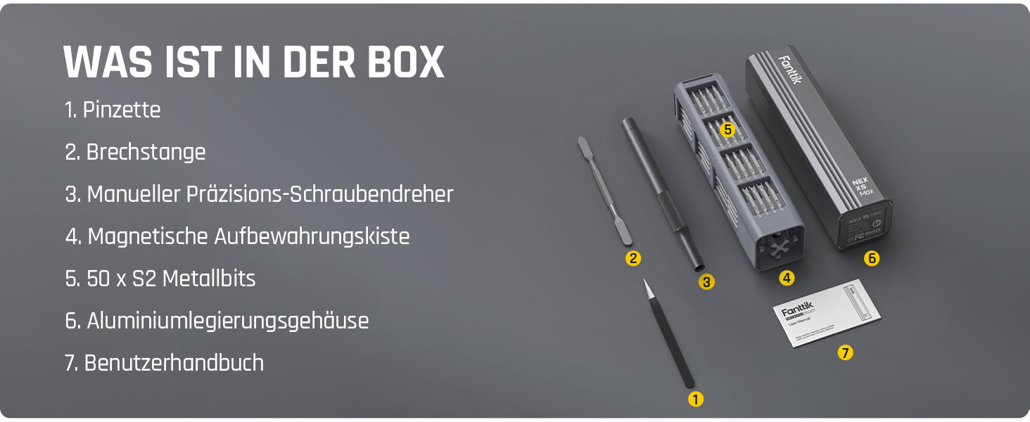 Der Fanttik X5 MAX Schraubendreher enthält 50 Bits, 1 Paar Pinzetten und 1 Brecheisen in 9 Typen. Mit diesem makellosen Produkt können Sie mühelos alle Arten von täglichen Wartungsarbeiten durchführen. Von Torx über Philips, Flachköpfe bis Sechskant, X5 MAX hat alles abgedeckt. Es erhöht Ihre DIY- und Wartungsvielseitigkeit, indem es Reparaturen von Schaltern, Laptops, Mobiltelefonen, Kameras, Drohnen usw. einschließt.