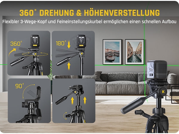 Fanttik DT1 Professional Baustativ für Kreuzlinienlaser, Nivelliergeräte und Kameras mit 3-Wege-Panoramakopf, Schnellwechselplatte mit 1/4"-20 Gewinde und Wasserwaage