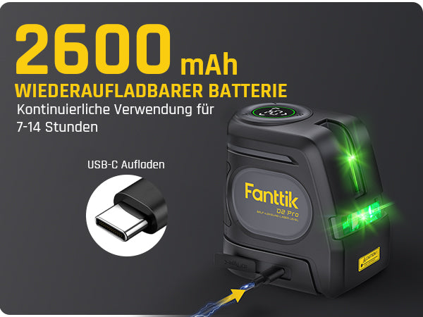 Fanttik D2 PRO Selbstnivellierend Kreuzlinienlaser mit LED-Bildschirm, 130° Vertikale Abstrahlwinkel, Umschaltbar Horizontal/Vertikal, USB-Aufladung, 2600 mAh Batterie, 30 m Arbeitsbereich, Pulsmodus
