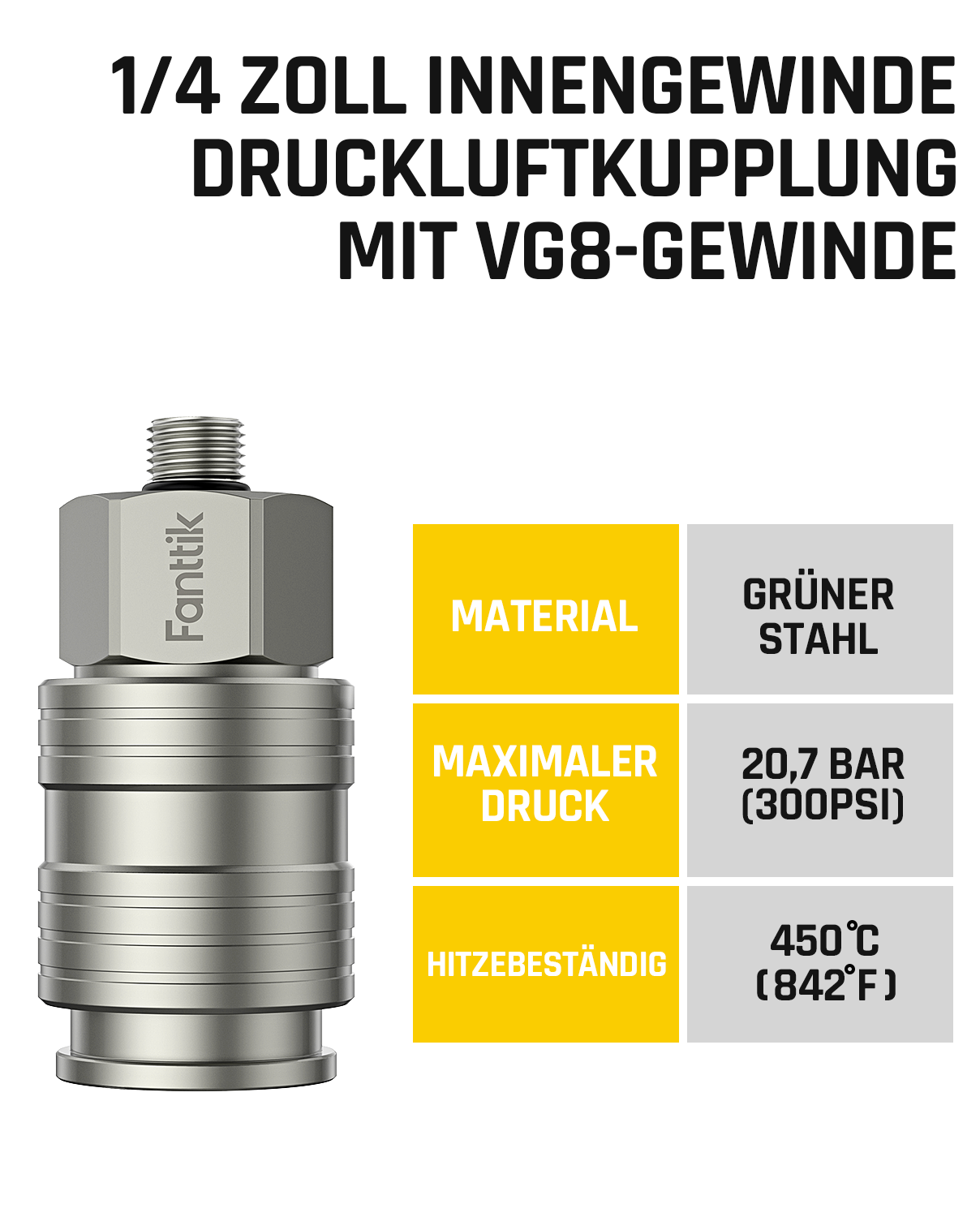 Fanttik X8 APEX Luftpumpe und Anschluss für Nagelpistole, 1/4 Zoll Innengewinde, Druckluftkupplung mit VG8-Gewinde, 20,7 BAR/300 PSI maximaler Druck, 450°C Hitzebeständiger Schnellkupplung-Druckluft