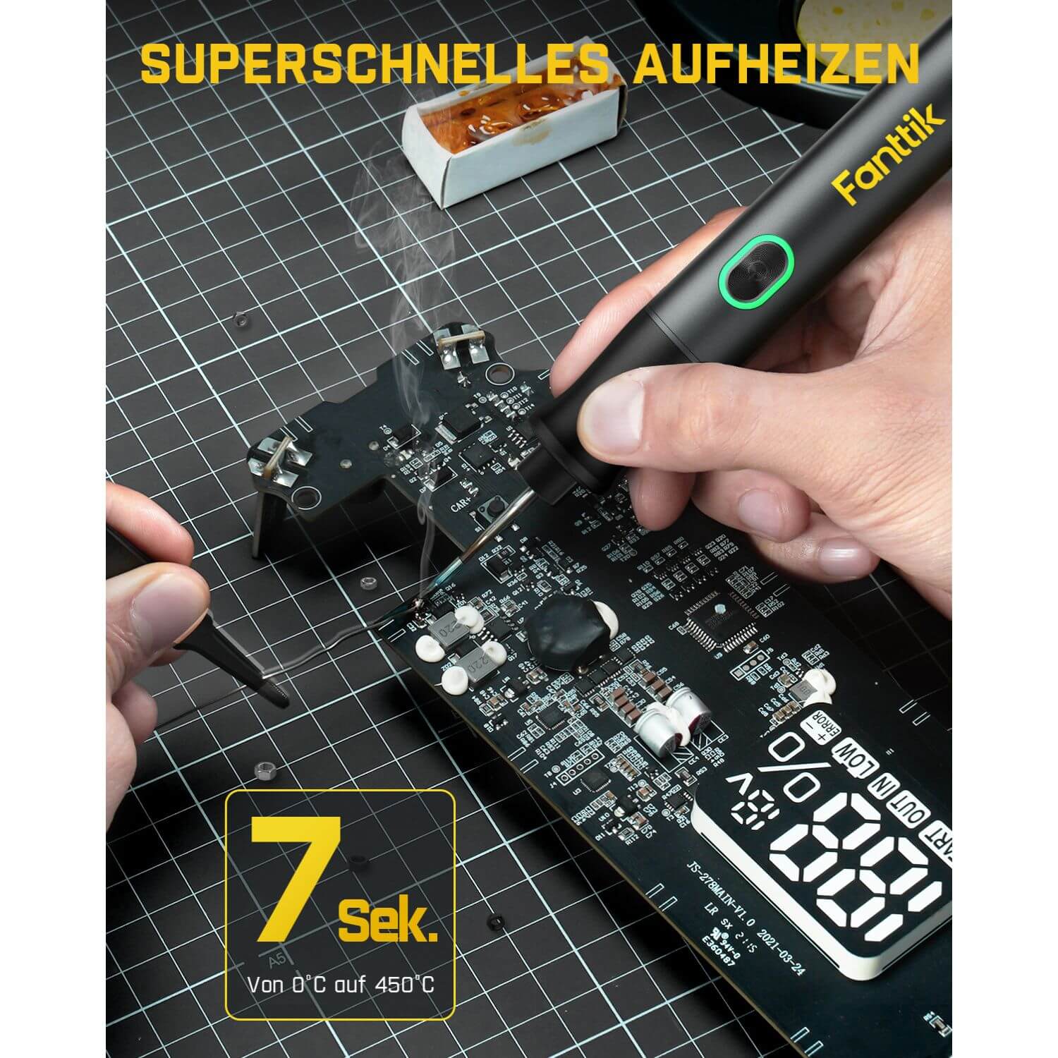 Fanttik T1 Max Präzisions Lötkolben Set, kabelloser Lötkolben, 7 Sek. schnelles Aufheizen,6 Temperatur Einstellbar 200~450 ℃, 4 Lötspitzen (C210), 360° drehbarer Ständer, Lötkolben für Reparaturen