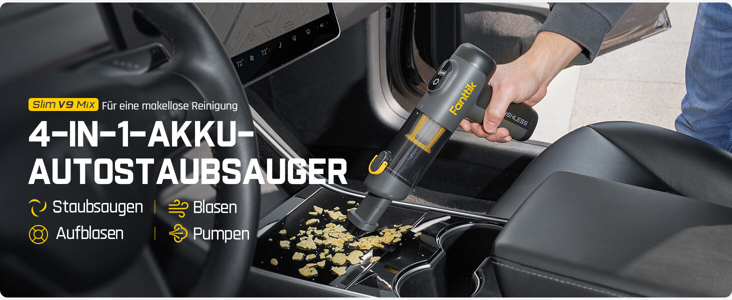 Fanttik Slim V9 Mix Auto-Staubsauger, 4-in-1 kabelloser Handstaubsauger, 12000 PA Hochleistungs-Handstaubsauger Tragbarer Staubsauger für den Innenraum von Autos und zu Hause