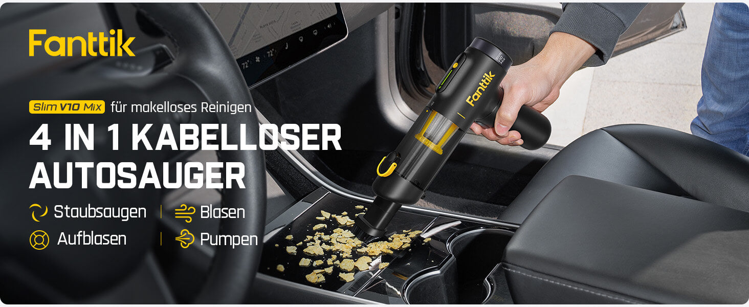 Fanttik Slim V10 Mix Kabelloser Auto-Staubsauger, 4-in-1 Handstaubgebläse, Smart-LED-Farbdisplay, 16 kPa Starke Saugleistung, tragbarer Mini-Staubsauger für Auto, Büro & Tastaturen