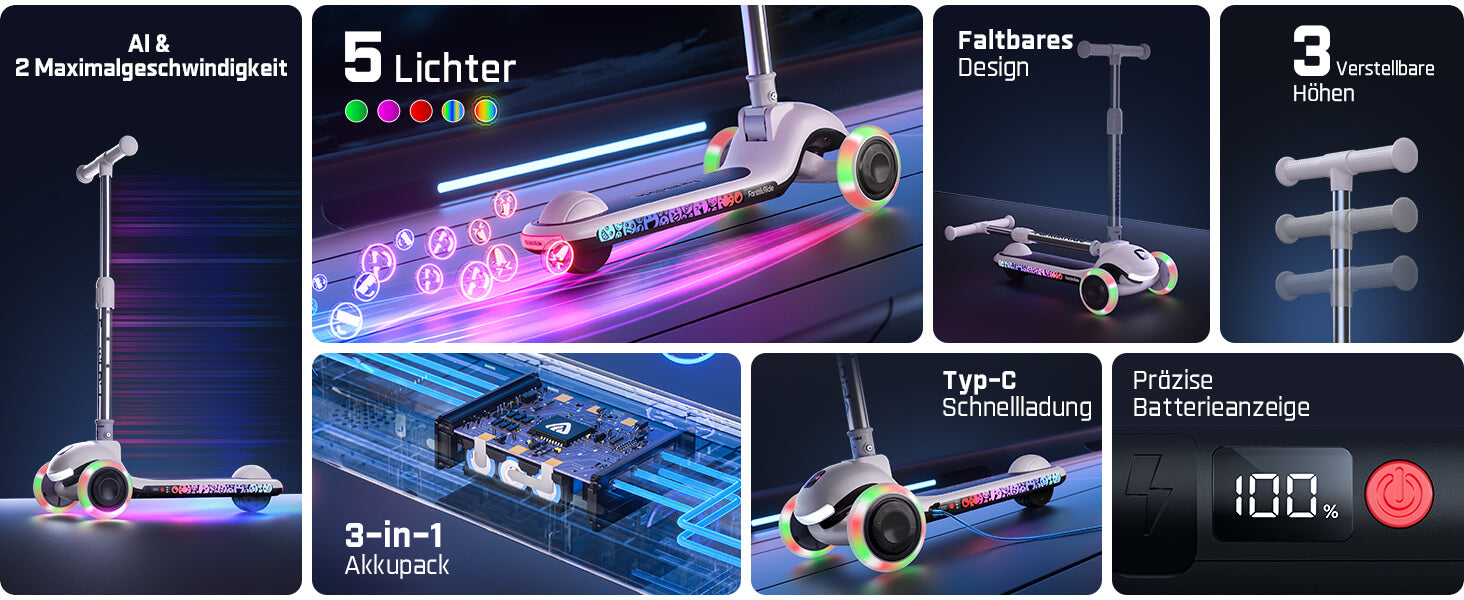 FanttikRide K9 Pro Elektroroller für Kinder 3-6 Jahren, Höhenverstellbar für Fahrer von 1,0-1,4 m, 40 kg, bis 40 Min Fahrzeit, 6 km Reichweite, KI & 2 Maximalgeschwindigkeiten 6/10 km/h