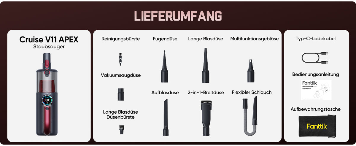 Diese Grafik zeigt, welche Aufsätze für die vier Hauptfunktionen verwendet werden und liefert praxisrelevante Daten:
- **Staubsaugen**: Drei unterschiedliche Aufsätze. Für feine Oberflächen, schwer erreichbare Bereiche sowie Spalten und Ritzen.
- **Blasen**: Geeignet, um Staub aus Ecken und Ritzen herauszublasen.
- **Aufblasen**: Praktische Zeitangaben:
Luftmatratze (82,7 × 63 × 21,7 Zoll) braucht ca. 2,9 Minuten
Schwimmring (Außendurchmesser 29,5 Zoll) ca. 35 Sekunden
Yogaball (Durchmesser φ21,65 Zoll) ca