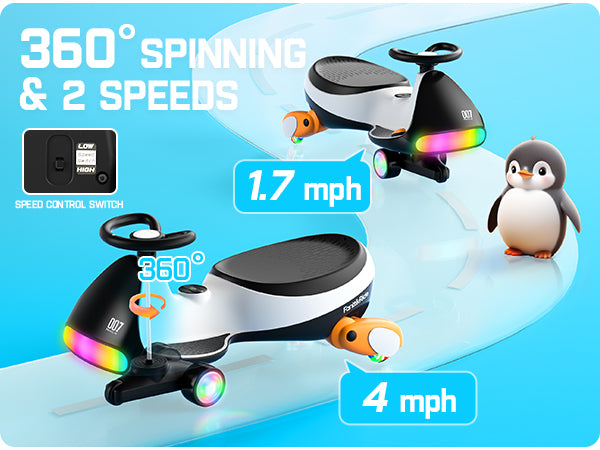 FanttikRide N7 Ultra Elektrisches Kinderauto mit Pedal, Kinder Auto, MagicMute Motor, 2 Geschwindigkeiten, 9 Farbmodi, Digitalanzeige, Bluetooth, für Kinder ab 3 Jahren, 68KG, Pinguin Schwarz