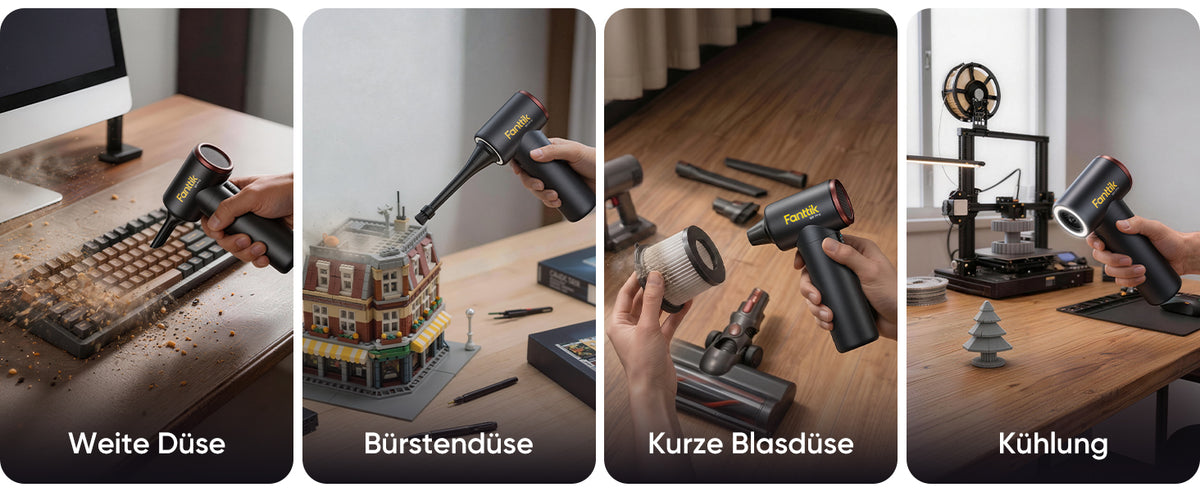 Vier typische Einsatzmöglichkeiten mit den unterschiedlichen mitgelieferten Düsen:
1. **Weite Düse**: Reinigung von Tastaturen, entfernt Krümel und Staub zwischen den Tasten
2. **Bürstendüse**: Säubern von empfindlichen Oberflächen wie Lego‑Modellen
3. **Kurze Blasdüse**: Starkes Ausblasen von Filtern und größeren Staubansammlungen
4. **Kühlung**: Abkühlen von Geräten wie 3D‑Druckern nach dem Druckvorgang