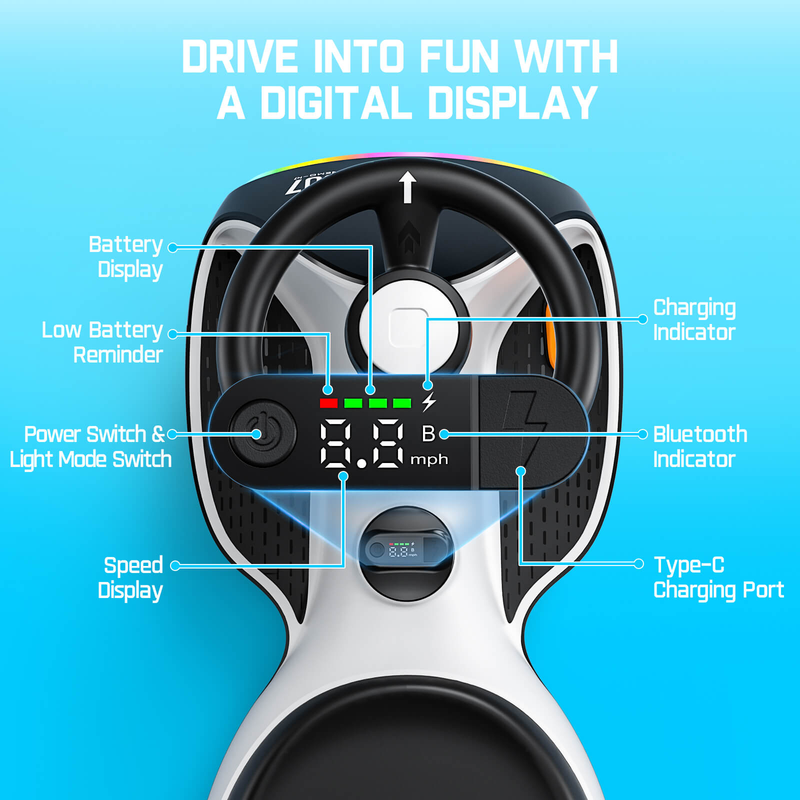 FanttikRide N7 Ultra Elektrisches Kinderauto mit Pedal, Kinder Auto, MagicMute Motor, 2 Geschwindigkeiten, 9 Farbmodi, Digitalanzeige, Bluetooth, für Kinder ab 3 Jahren, 68KG, Pinguin Schwarz