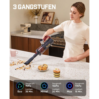 Der Staubsauger hat 3 wählbare Geschwindigkeitsmodi:

- Eco-Modus: 9 kPa Saugleistung, Laufzeit 35 Minuten
- Mittelmodus: 14 kPa Saugleistung, Laufzeit 20 Minuten
- Max-Modus: 17 kPa Saugleistung, Laufzeit 15 Minuten
Sie können je nach Verschmutzungsgrad zwischen den Stufen wechseln.