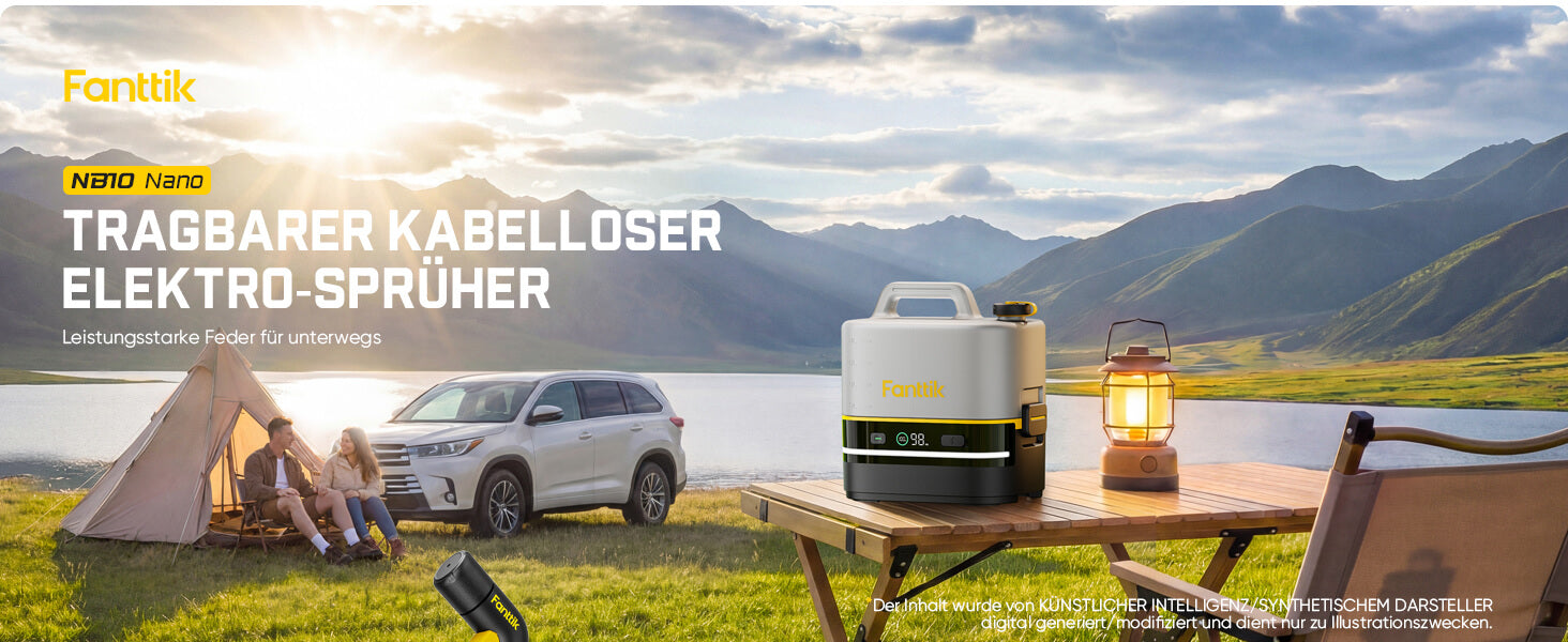 Fanttik NB10 Nano tragbarer Akku-Drucksprüher, 2,1-Gallonen-Tank, 72-98 PSI, HD-LED-Display, 4000mAh, mit Campingleuchte – tragbarer Hochdruckreiniger für Zuhause, Terrasse und Camping