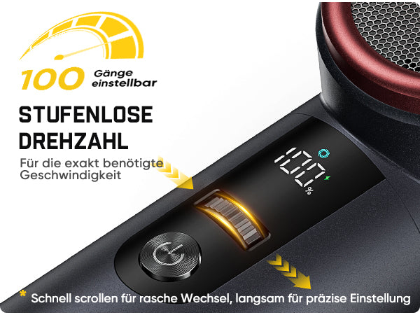 Der elektrische Luftentstauber verfügt über eine stufenlose Drehzahlregelung mit **100 einstellbaren Gängen**. Sie können exakt die Windgeschwindigkeit einstellen, die Sie benötigen.
Bedienhinweis: Schnelles Scrollen für rasche große Geschwindigkeitswechsel, langsames Scrollen für feine präzise Einstellungen. Das digitale Display zeigt die aktuelle Einstellung an.