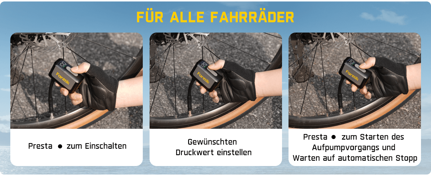 Mit voreingestelltem Druck, automatischer Pause und Speicherfunktion ist die mini Fahrradpumpe intuitiv bedienbar. Das LED-Display zeigt den Druck in Echtzeit an, und die Kompatibilität mit Presta- und Schrader-Ventilen macht sie zum idealen Begleiter für Rennräder, E-Bikes und Mountainbikes.