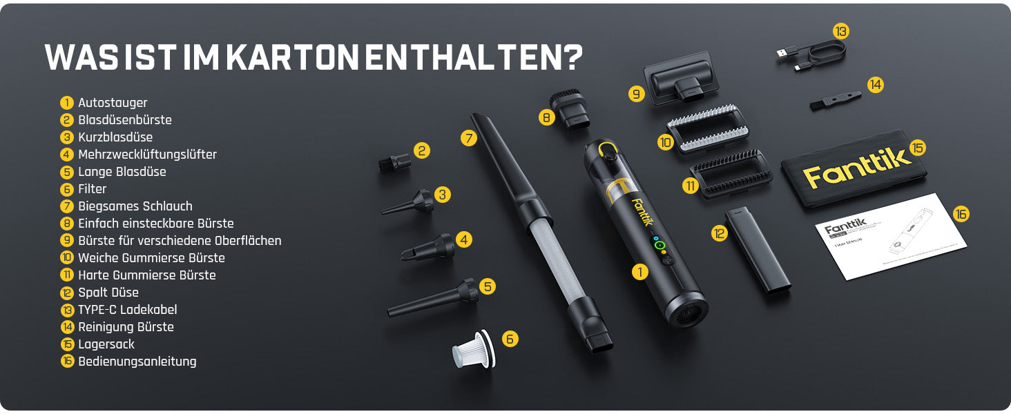 Fanttik Slim V10 Apex Kabelloser 4-in-1 Auto & Mini-Handstaubsauger mit 19000 Pa Saugkraft, Smarter Digitalanzeige und 2 Saugmodi für Auto, Büro & Tastaturen