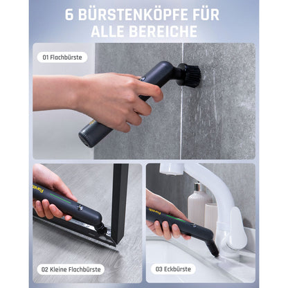 Fanttik G9 Nano Elektrischer Spin Scrubber, kabellose Fugenbürste, Typ-C-Ladung, LED-Anzeige, IPX7, 8 Aufsätze für Fugen, Ecken – Schwarz