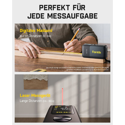 Fanttik A10 Pro 2-in-1 Digitales Laser Entfernungsmesser mit HD IPS-Farbdisplay, Wiederaufladbar 50m Laserentfernungsmesser & 3m Maßband, 6 Einheiten wählbar, Für Entfernung/Fläche/Volumen
