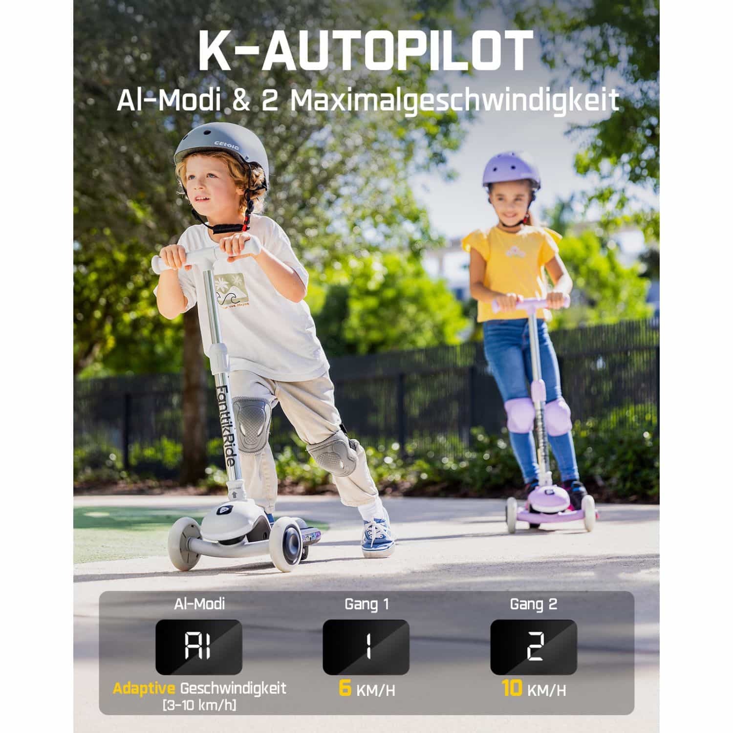 FanttikRide K9 Pro Elektroroller für Kinder 3-6 Jahren, Höhenverstellbar für Fahrer von 1,0-1,4 m, 40 kg, bis 40 Min Fahrzeit, 6 km Reichweite, KI & 2 Maximalgeschwindigkeiten 6/10 km/h