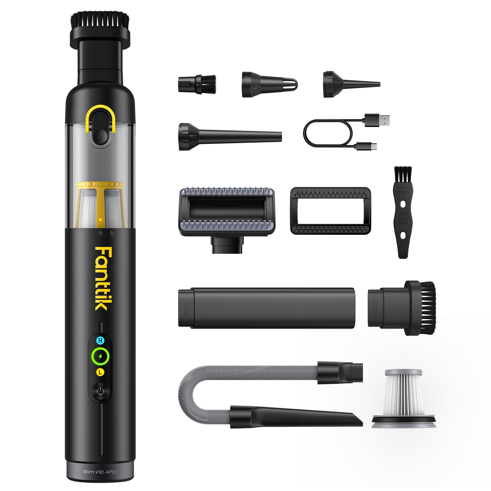 Fanttik Slim V10 Apex Kabelloser 4-in-1 Auto & Mini-Handstaubsauger mit 19000 Pa Saugkraft, Smarter Digitalanzeige und 2 Saugmodi für Auto, Büro & Tastaturen