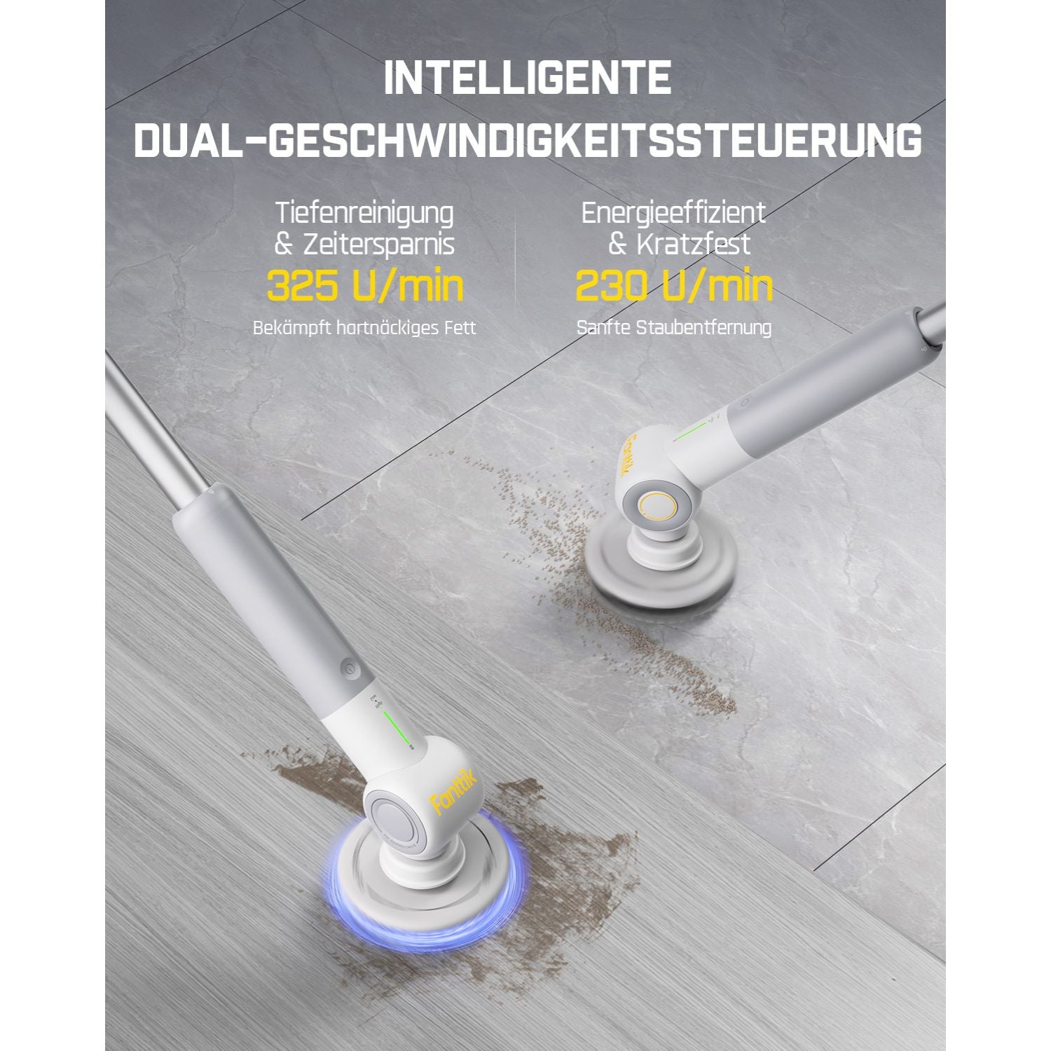 Fanttik Flip G9 Pro Elektrische Reinigungsbürste, VoltiPulse Motor, Dual-Speed, 6 Bürstenköpfe, Flexibler Winkel & Ausziehbarer Griff, IPX7 Wasserdicht, Typ-C Ladung für Boden, Fliesen, Fugen - Weiß