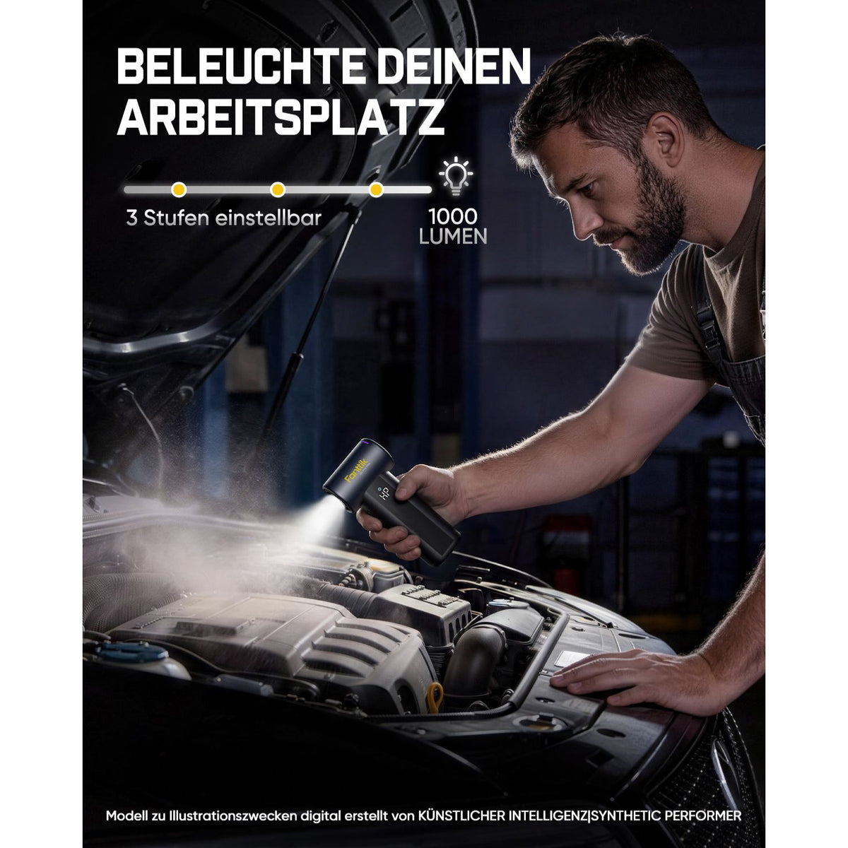 Das Fanttik B11 Pro Max elektrische Staubgebläse ist mit einer integrierten Arbeitsleuchte ausgestattet. Sie hat eine Helligkeit von 1000 Lumen und verfügt über 3 einstellbare Lichtstufen. Die Lampe eignet sich hervorragend für dunkle Arbeitsbereiche, zum Beispiel bei Reparaturarbeiten unter der Motorhaube eines Autos.
*Kleiner Hinweis am unteren Rand: Das abgebildete Modell wurde digital mit KI erstellt, nur zur Veranschaulichung.