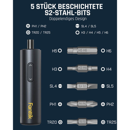 Fanttik NEX S1 Capsule 3,7 V Akkuschrauber, 5Nm Max Akku Schraubendreher, 320 U/min, S2 Magnetbits mit 1/4 Zoll Sechskant, LED-Licht, 5Pcs Doppelseitige Stahl-Bits für Möbel, Haushaltsgeräte