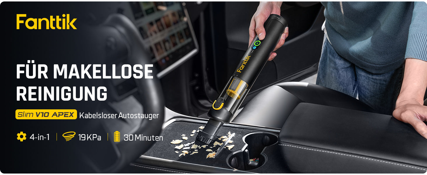 Fanttik Slim V10 Apex Kabelloser 4-in-1 Auto & Mini-Handstaubsauger mit 19000 Pa Saugkraft, Smarter Digitalanzeige und 2 Saugmodi für Auto, Büro & Tastaturen