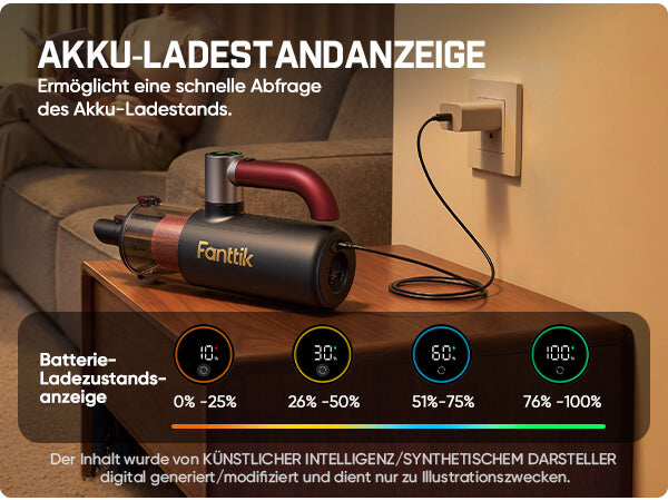 Ausgestattet mit einem integrierten 4‑Zellen‑2500‑mAh‑Lithiumakku bietet dieser kabellose, wiederaufladbare Handstaubsauger eine Laufzeit von bis zu 15, 20 oder 35 Minuten. Hinweis: Zum Laden wird ein Netzteil mit mindestens 20 W benötigt (nicht im Lieferumfang enthalten). Wählen Sie den idealen Modus je nach gewünschter Akkulaufzeit.