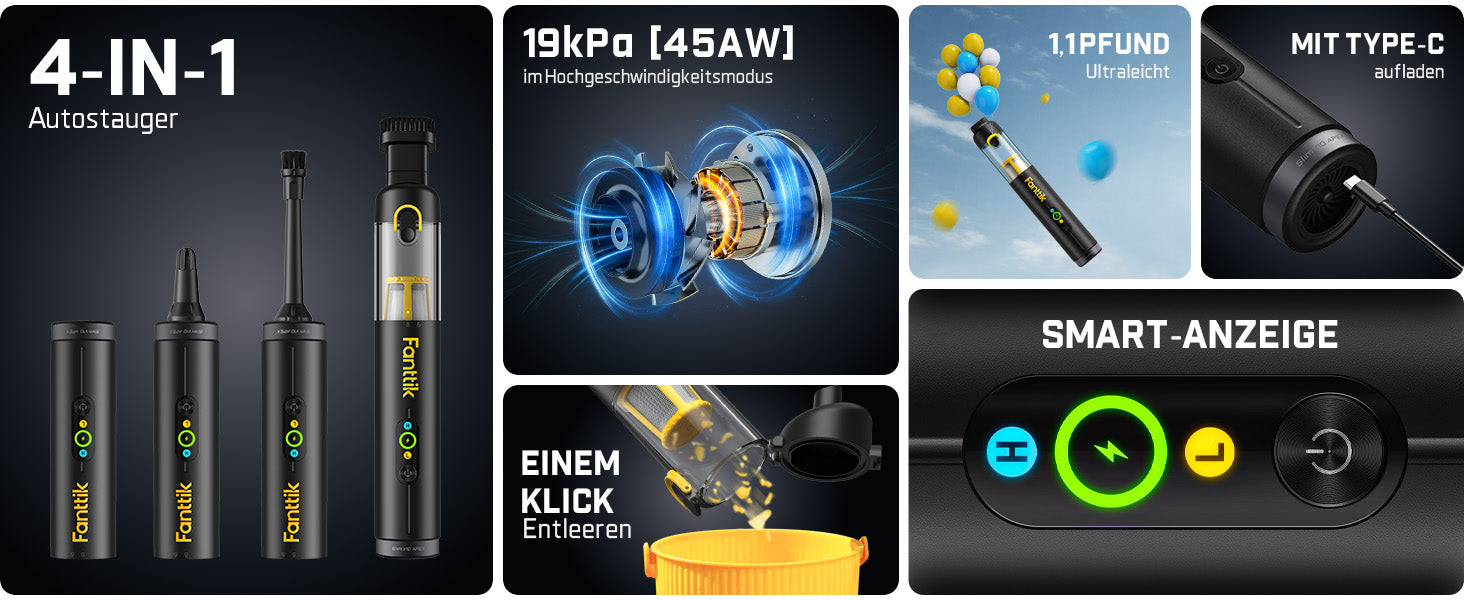 Fanttik Slim V10 Apex Kabelloser 4-in-1 Auto & Mini-Handstaubsauger mit 19000 Pa Saugkraft, Smarter Digitalanzeige und 2 Saugmodi für Auto, Büro & Tastaturen
